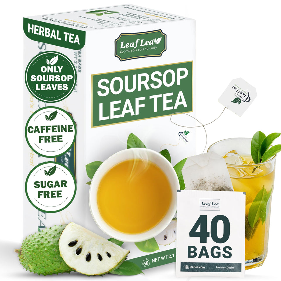 LeafLea soursop tea bags in packaging signaling natural ingredients.