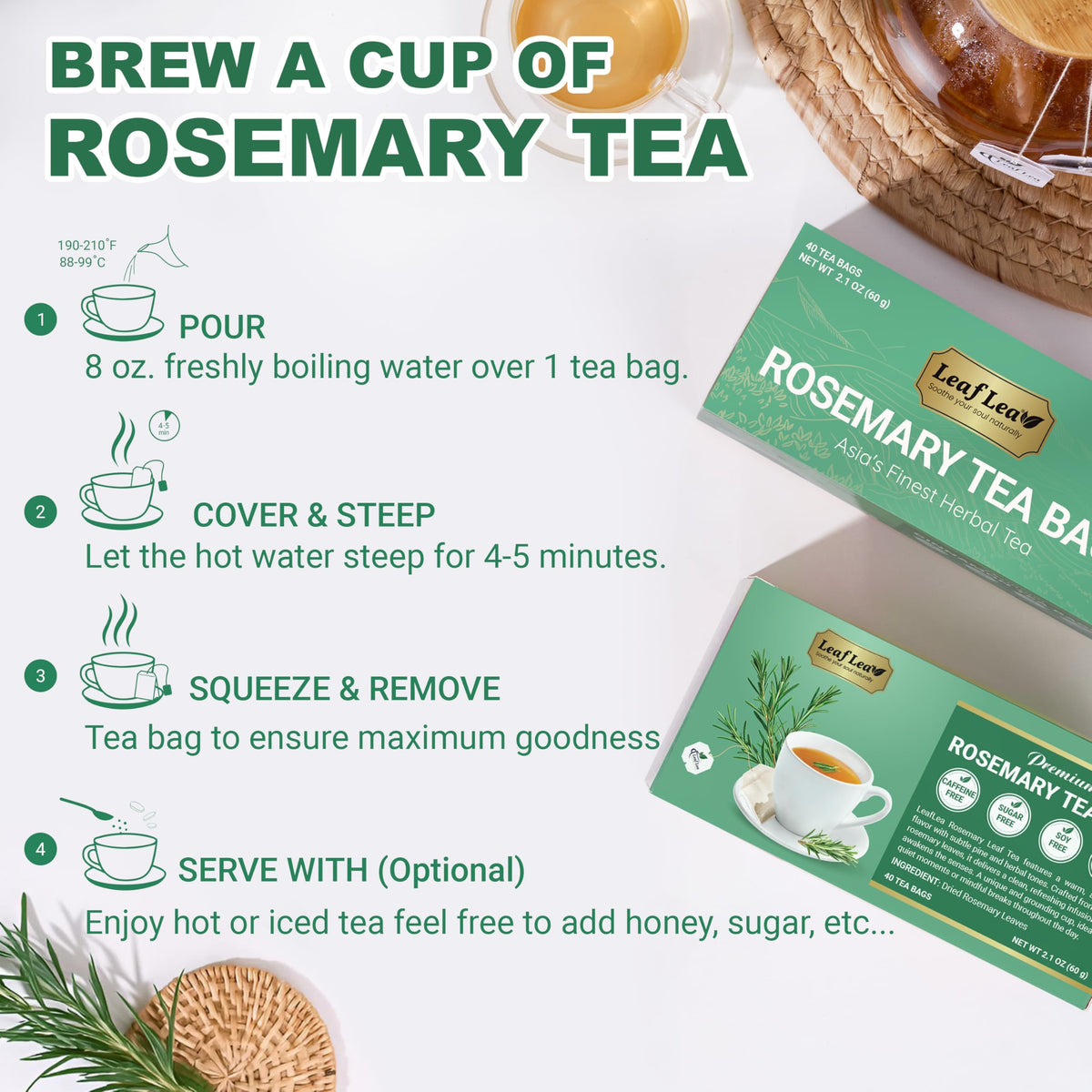 LeafLea steeping rosemary in cup during a calm morning