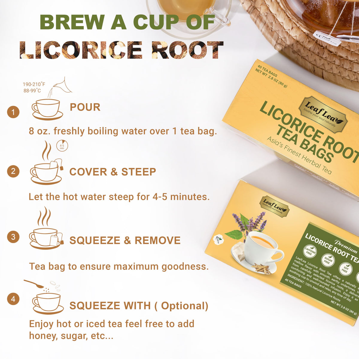 LeafLea sugar-free label on packaging indicating caffeine-free option.