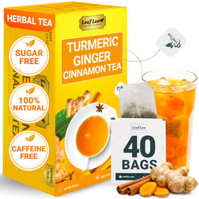 LeafLea 40 turmeric ginger cinnamon tea bags in an elegant tin for freshness.