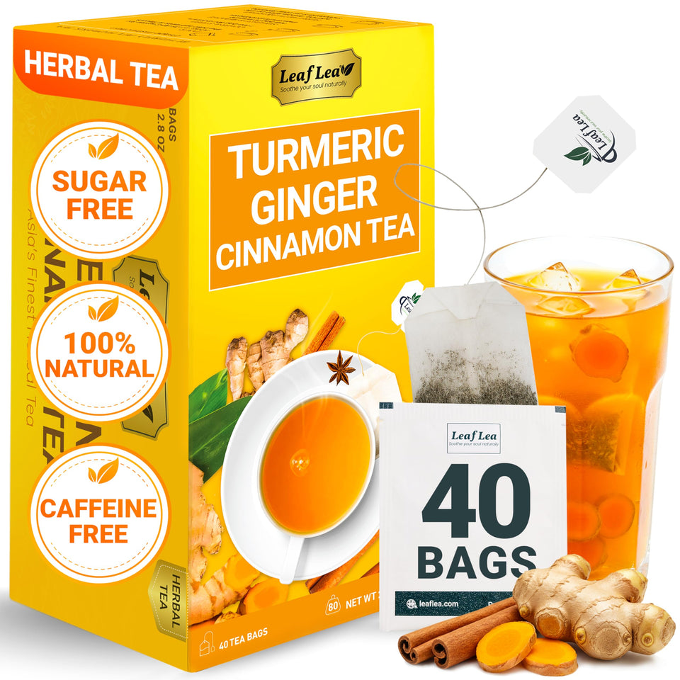 LeafLea 40 turmeric ginger cinnamon tea bags in an elegant tin for freshness.