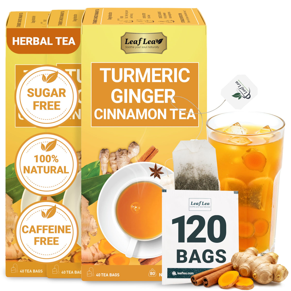 LeafLea turmeric ginger cinnamon tea bags for daily wellness