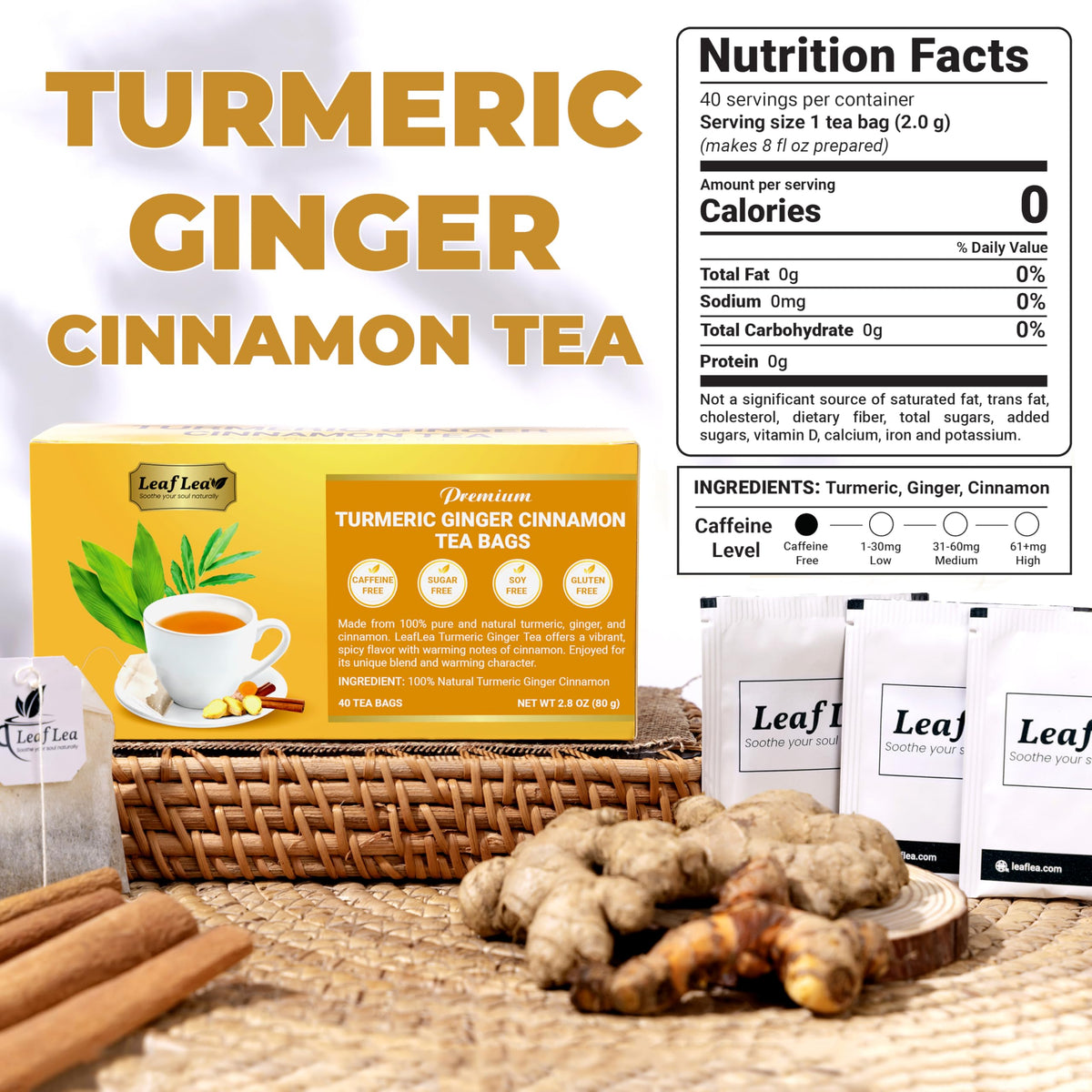 LeafLea turmeric ginger tea bags individually wrapped for freshness and convenience
