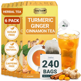 LeafLea turmeric ginger tea bags in packaging close-up, showcasing a natural, caffeine-free blend