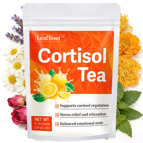 Leafroot cortisol tea bottle suggesting balanced energy through gentle cortisol support