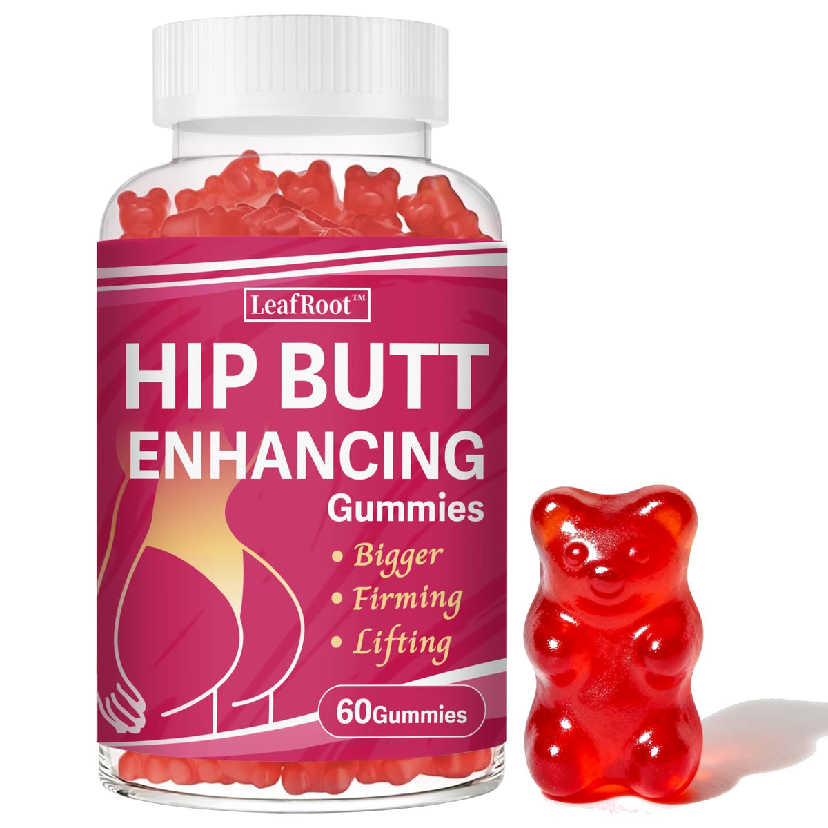 Leafroot Hip Butt Gummies bottle, bite-sized ease for daily use.