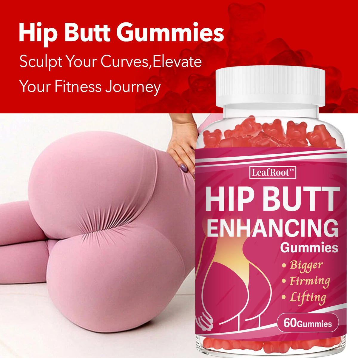 Leafroot Hip Butt Gummies close-up shows chewy texture for enjoyable routines.
