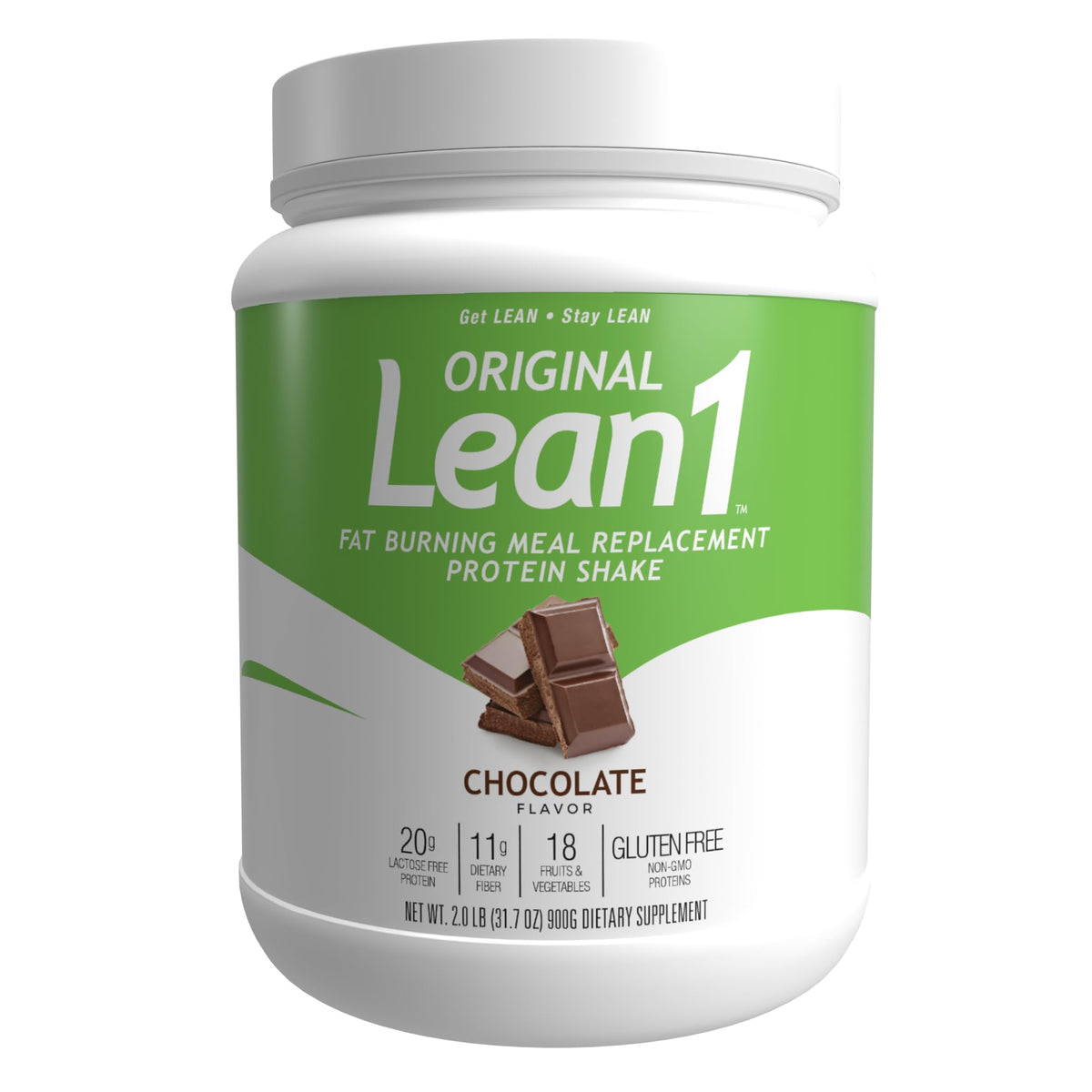 LEAN1 chocolate meal replacement tub displayed for on-the-go nutrition.