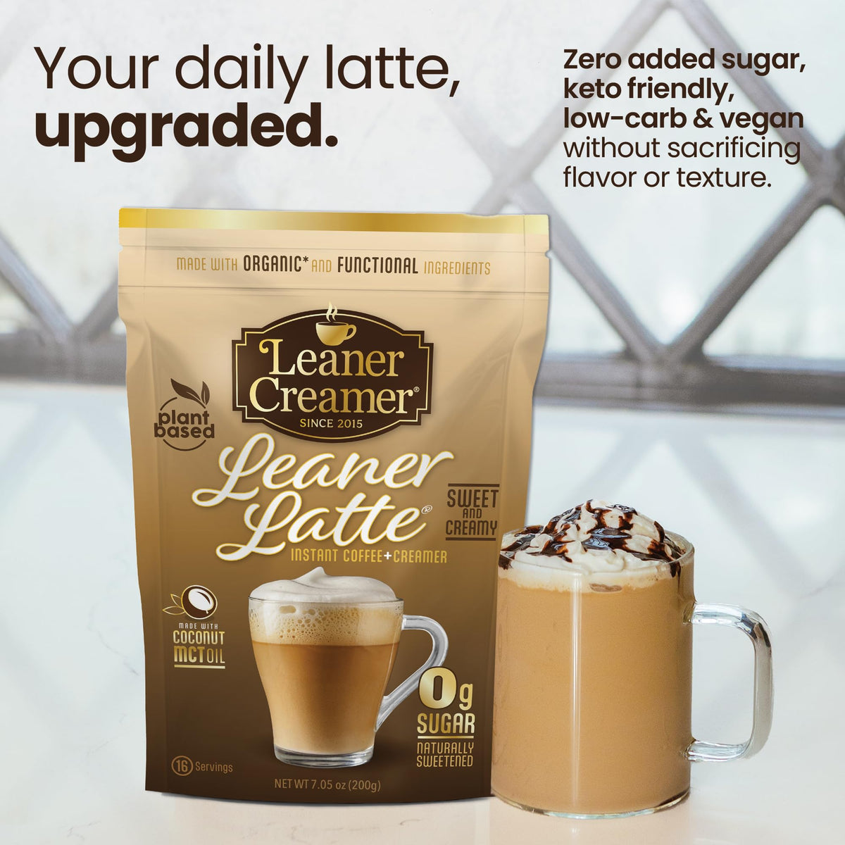 Leaner Creamer bottle on desk with latte setup.