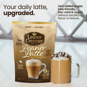 Leaner Creamer bottle on desk with latte setup.