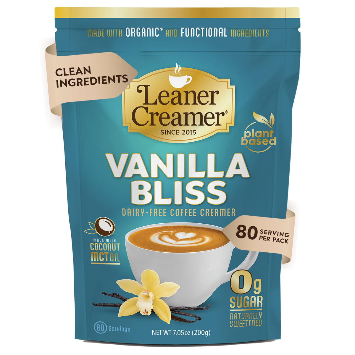 Leaner Creamer bottle pouring into coffee for dairy-free creaminess and MCT energy.