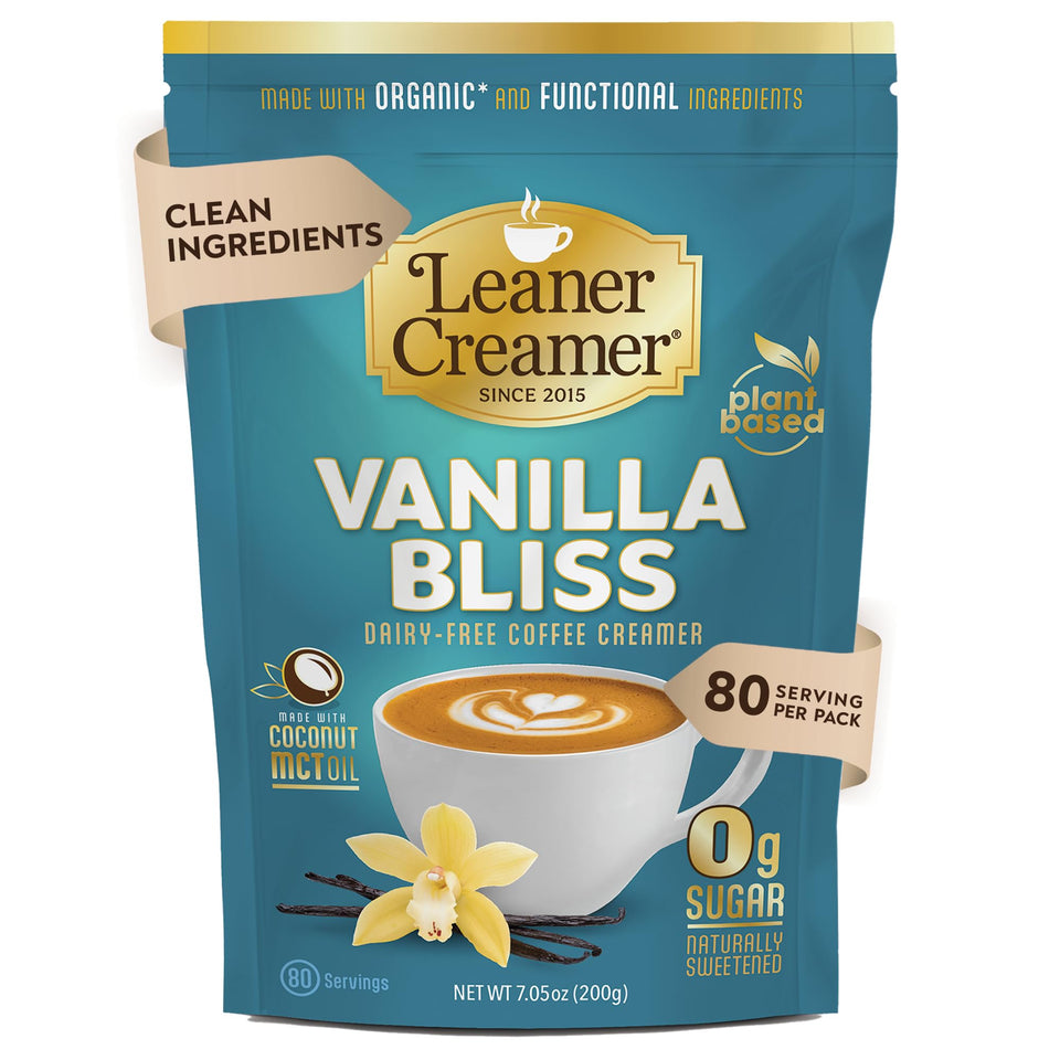 Leaner Creamer bottle pouring into coffee for dairy-free creaminess and MCT energy.