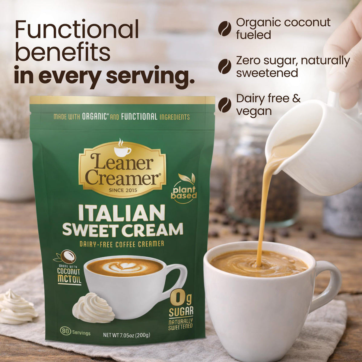 Leaner Creamer coffee-cup-foam reveals silky coconut cream in every cup.