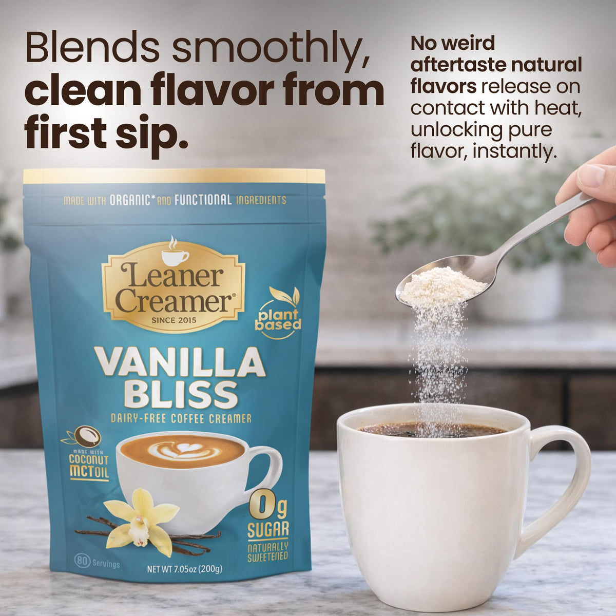 Leaner Creamer bottle with green tea extract beside coffee suggests balanced lift.