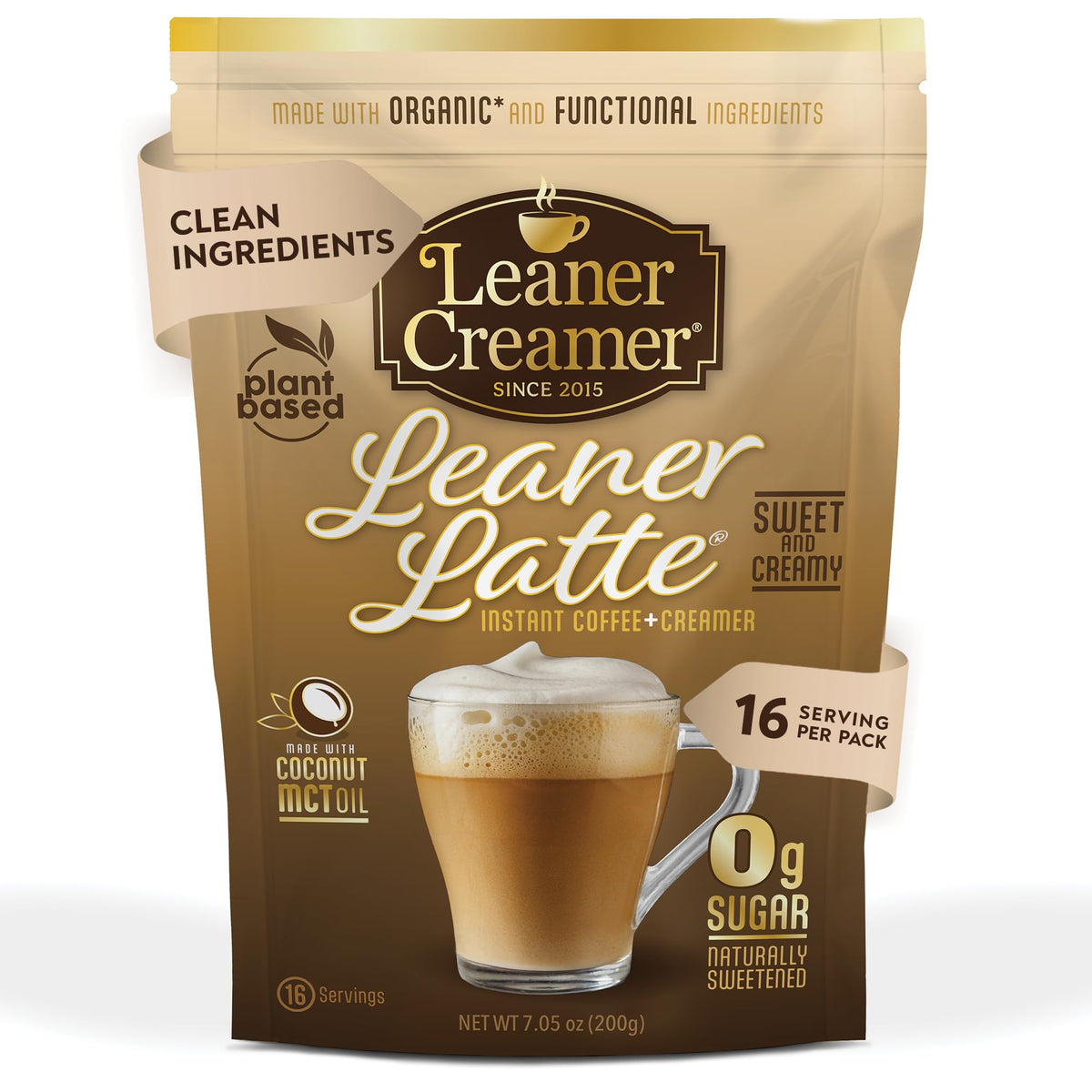 Leaner Creamer Leaner Latte instant coffee pack for quick cafe-style lattes.