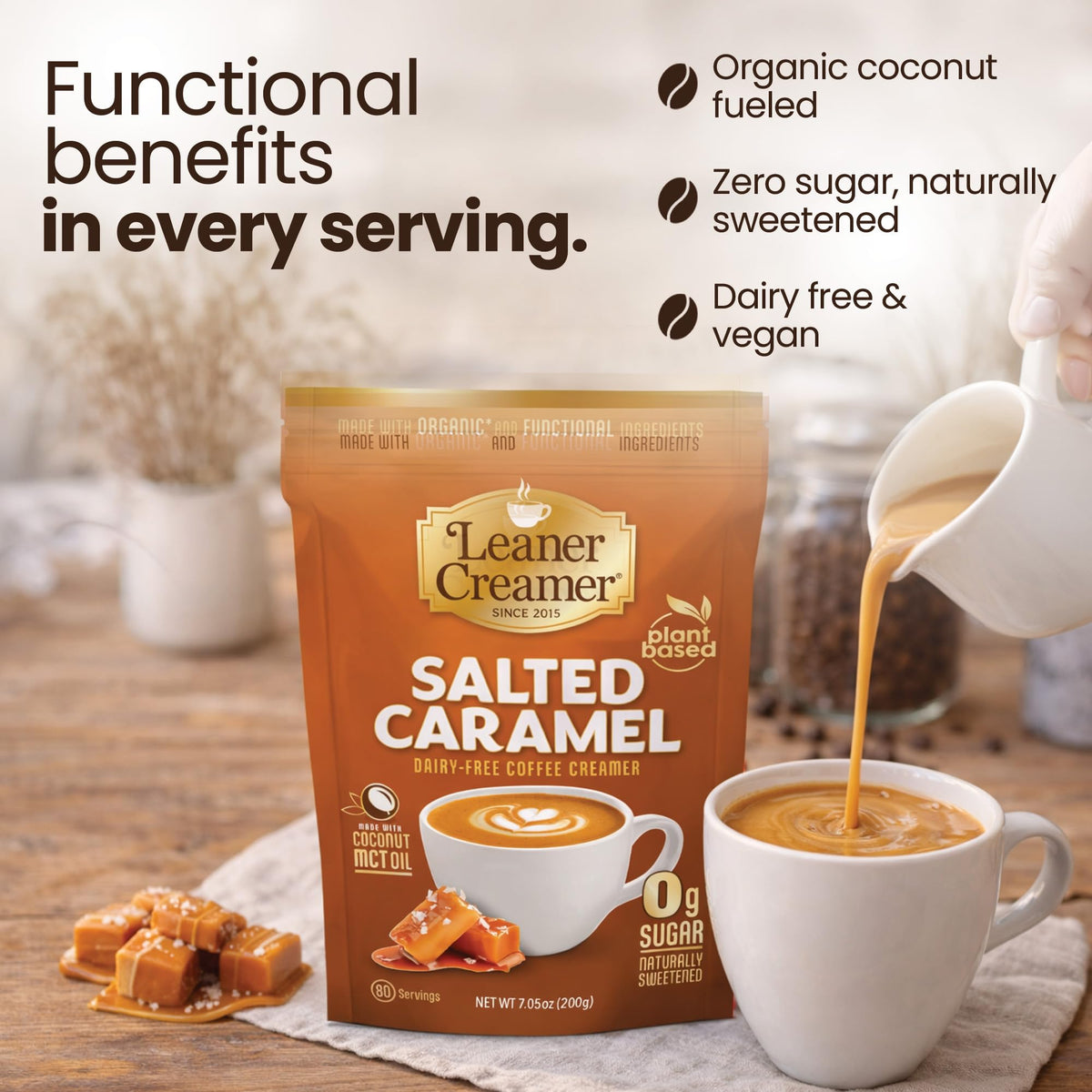 Leaner Creamer packaging front highlights dairy-free coconut base and 80 servings