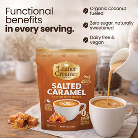 Leaner Creamer packaging front highlights dairy-free coconut base and 80 servings