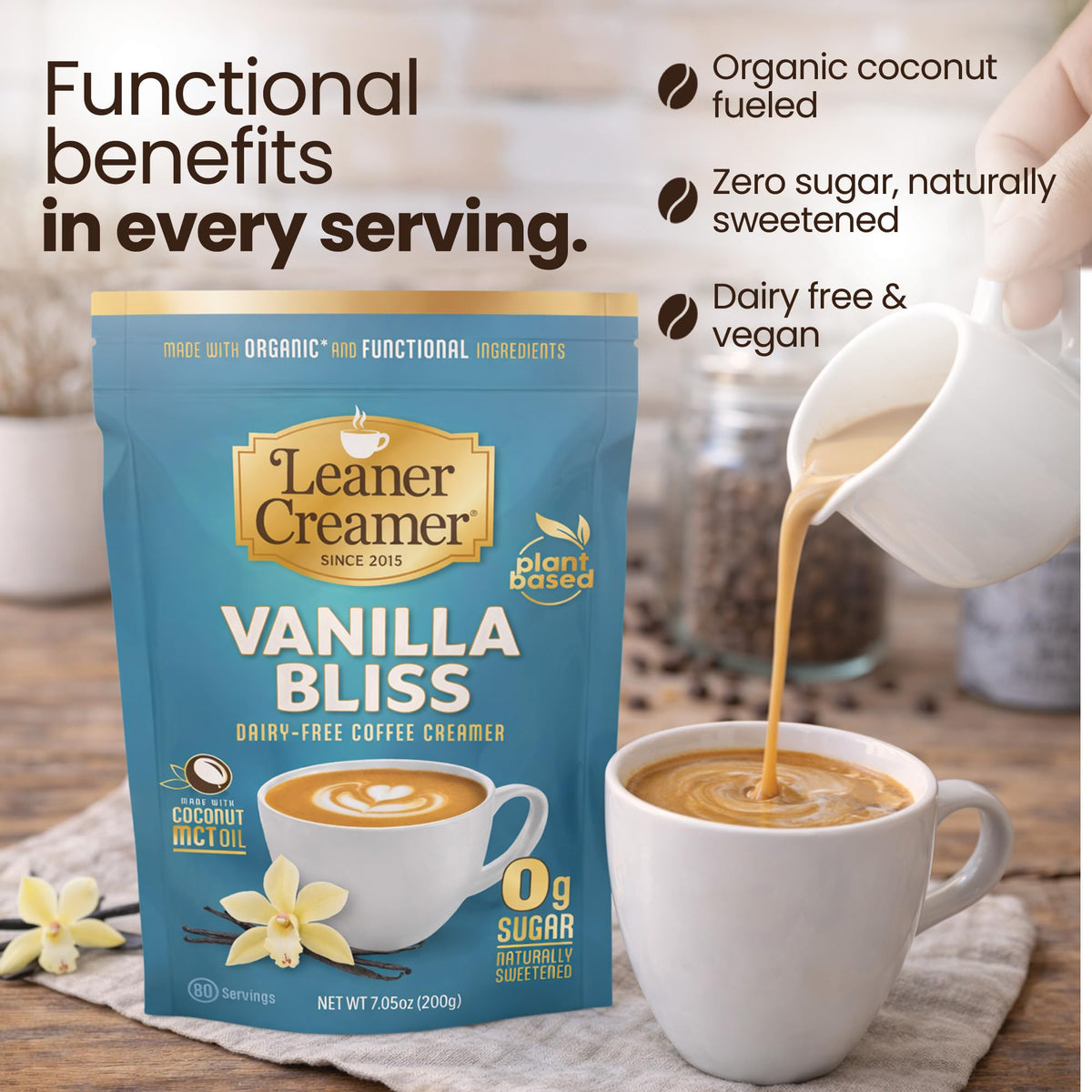 Leaner Creamer packaging highlights vegan coconut creamer powder for on-the-go use.