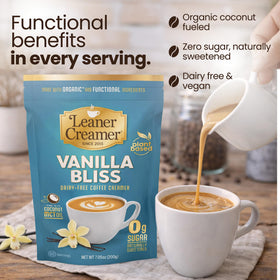 Leaner Creamer packaging highlights vegan coconut creamer powder for on-the-go use.