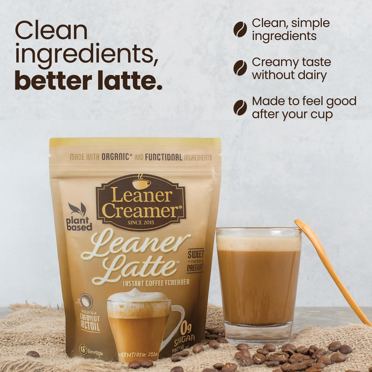Pouring Leaner Creamer latte mix enriched with MCT oil and coconut milk.