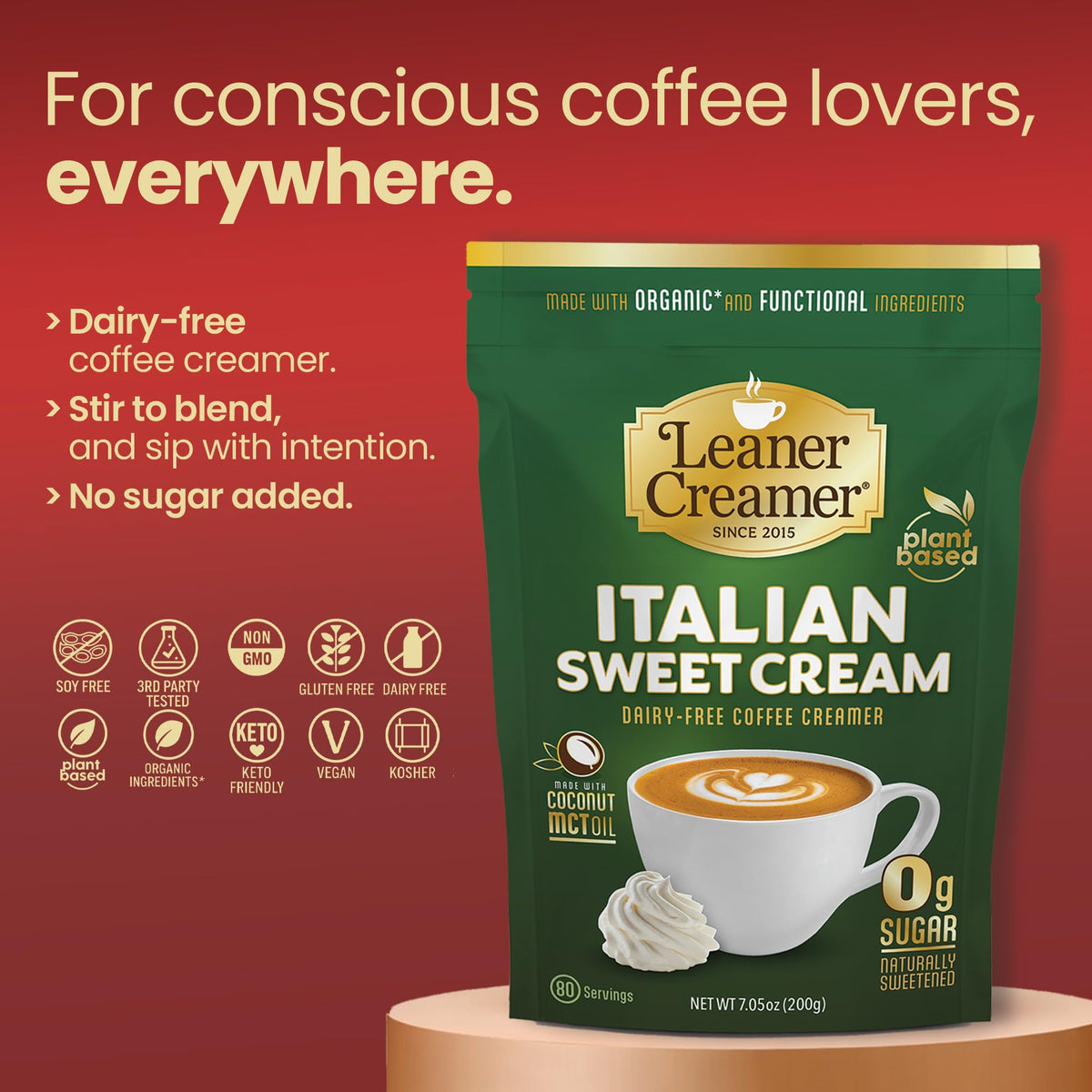Leaner Creamer scoop-dispense highlights zero sugar in keto-friendly coffee.