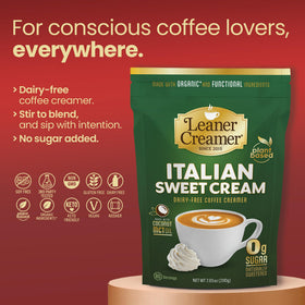 Leaner Creamer scoop-dispense highlights zero sugar in keto-friendly coffee.