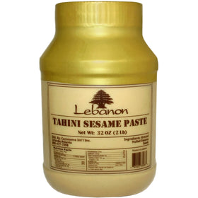 Lebanon Tahina jar shows glossy paste, perfect for smooth hummus and dressings.