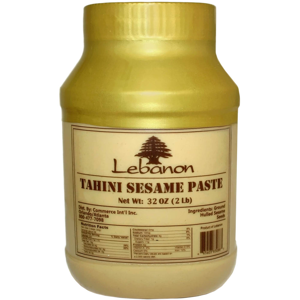 Lebanon Tahina jar shows glossy paste, perfect for smooth hummus and dressings.