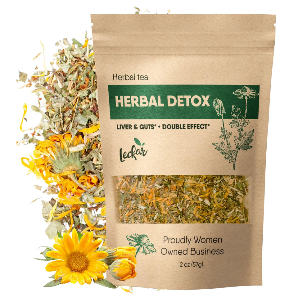 Leckar Herbal Detox Tea with dandelion root, comforting cup supporting digestive wellness