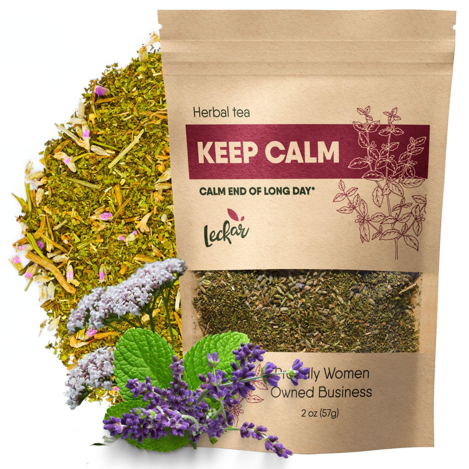 Leckar Keep Calm tea bag on label, signaling a calming ritual.