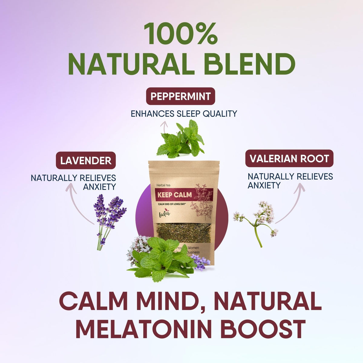 Closeup of Leckar Keep Calm label highlighting organic ingredients.
