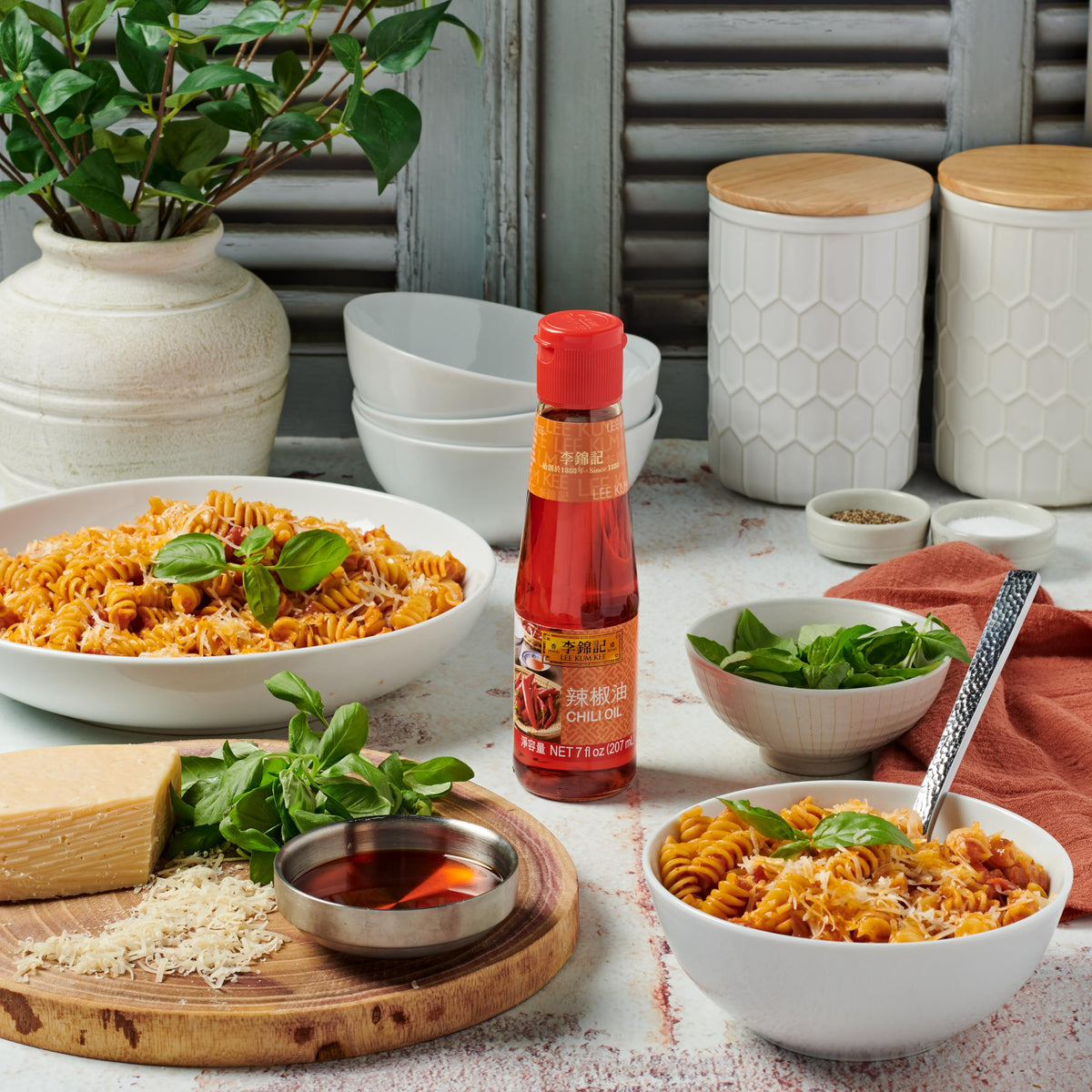 Lee Kum Kee Chili Oil soup bowl conveys aromatic heat in soups.