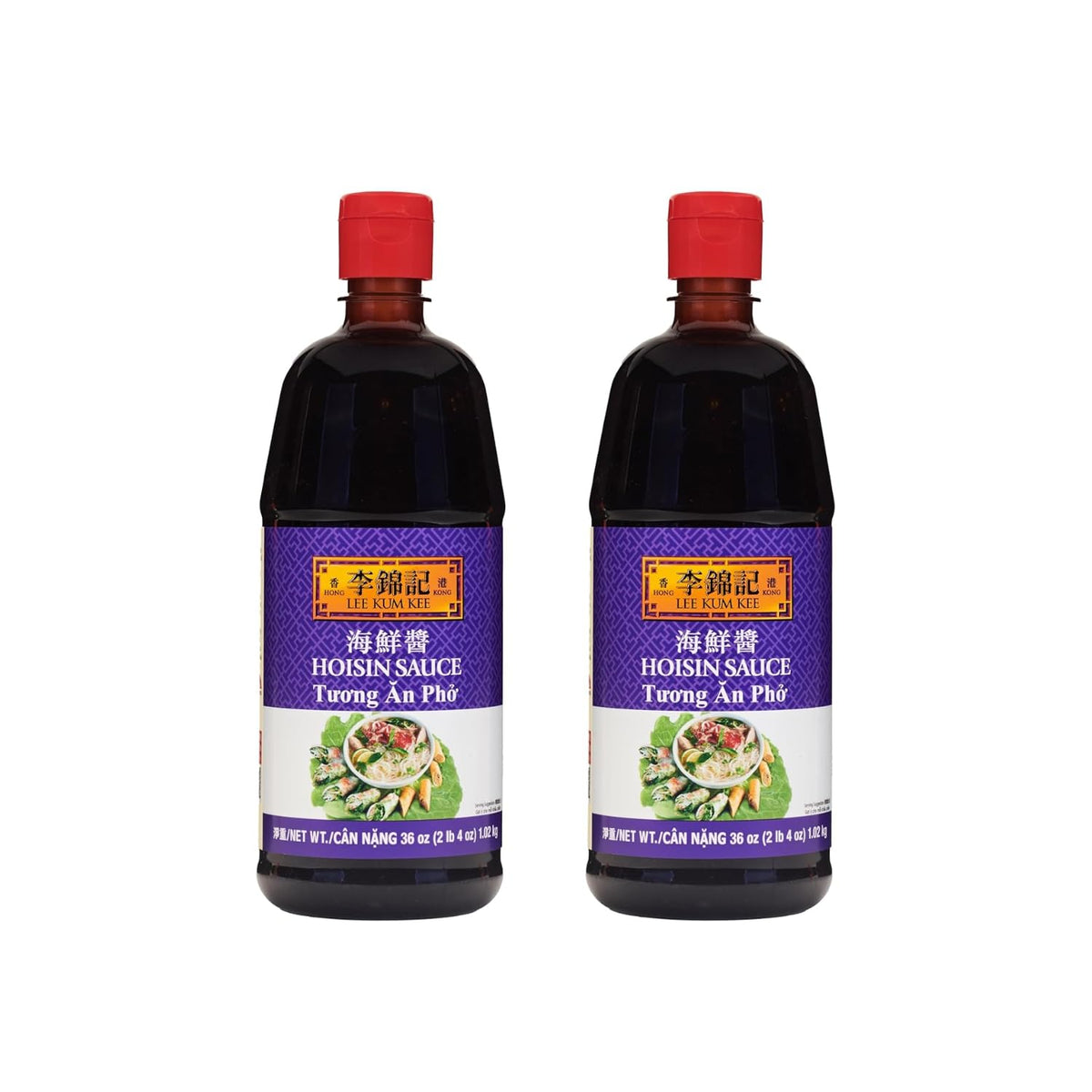 Lee Kum Kee Hoisin Sauce bottle pouring for a glossy glaze on noodles