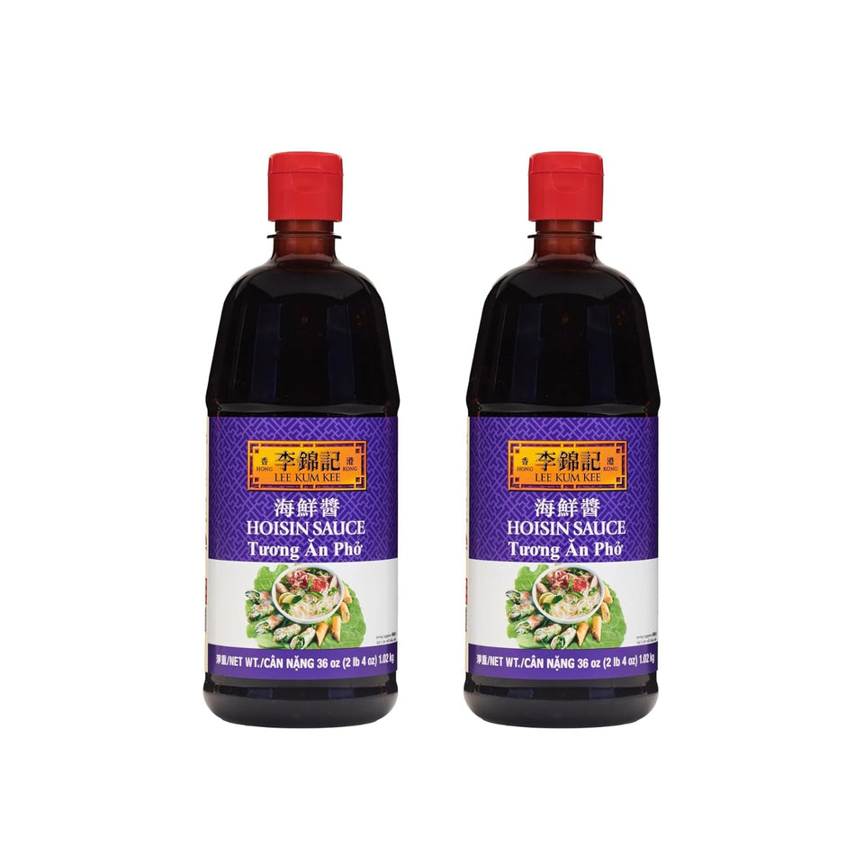 Lee Kum Kee Hoisin Sauce bottle pouring for a glossy glaze on noodles