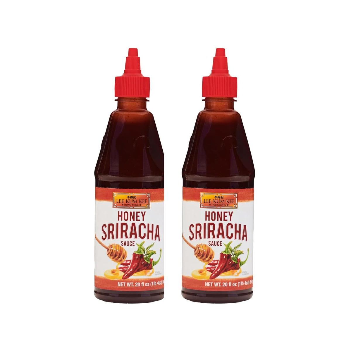 Lee Kum Kee Honey Sriracha bottle pouring for sweet-heat flavor.
