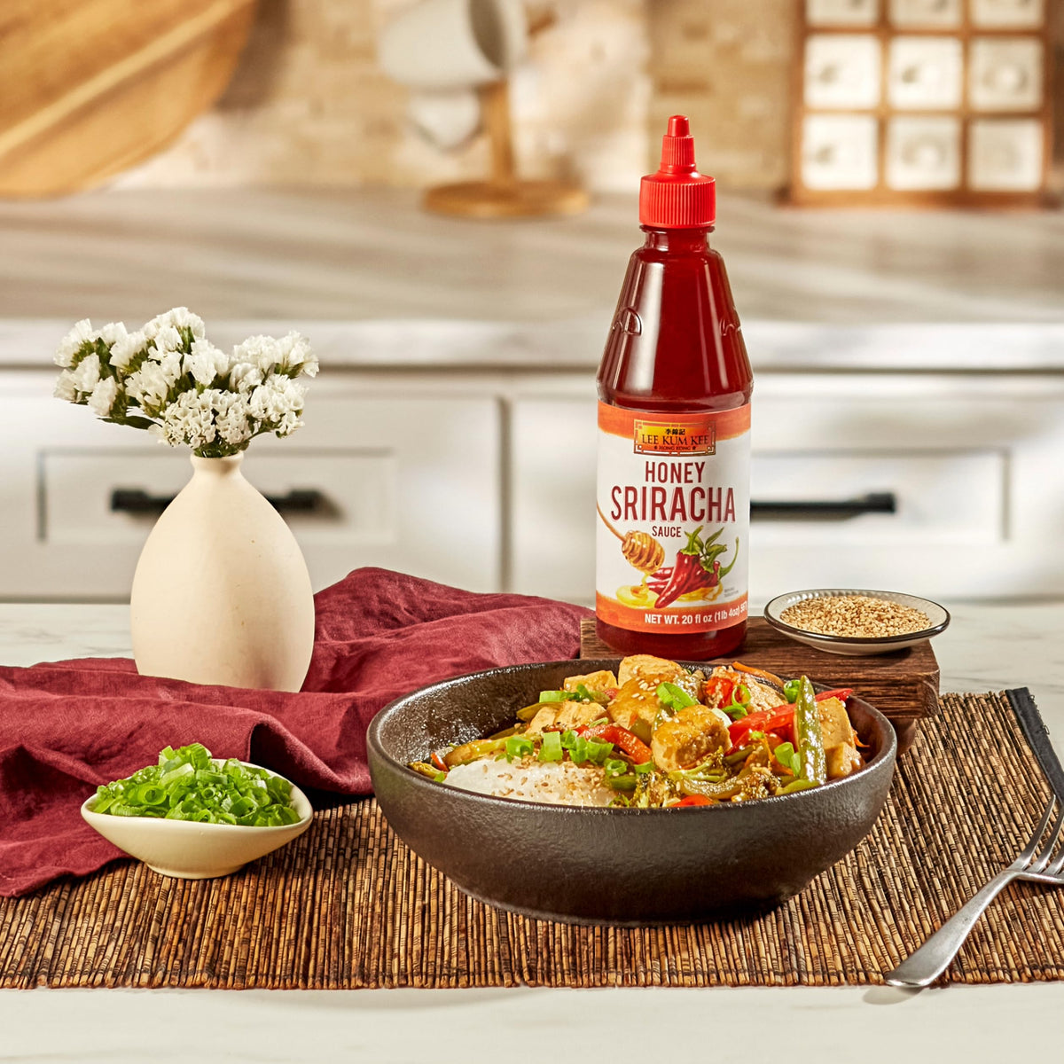 Stir-fry pan ready with glossy honey-sriracha coating.