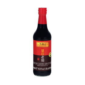 Lee Kum Kee Mushroom Flavored Dark Soy Sauce bottle shows rich color ideal for braising