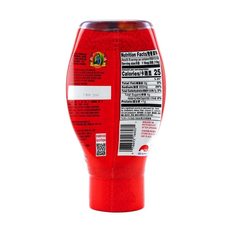 Close-up of Lee Kum Kee Oyster Sauce label highlighting premium quality and convenient squeeze.