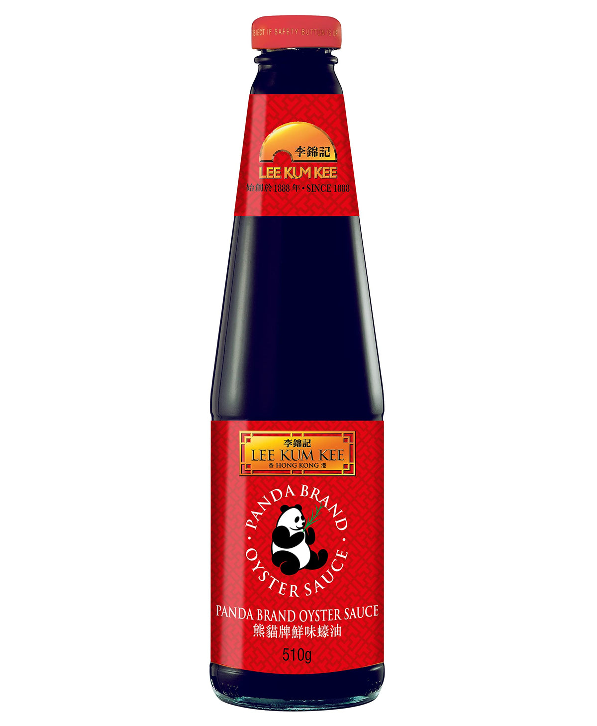 Lee Kum Kee Panda Oyster Sauce bottle boosts savory umami for quick meals.