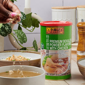 Lee Kum Kee Premium Bouillon Powder in bowl highlights gluten-free versatility.