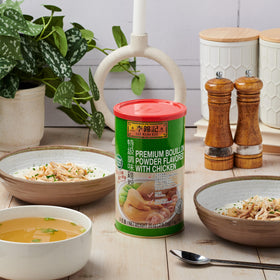 Lee Kum Kee Chicken Bouillon Powder package shot conveys ready-to-use base.