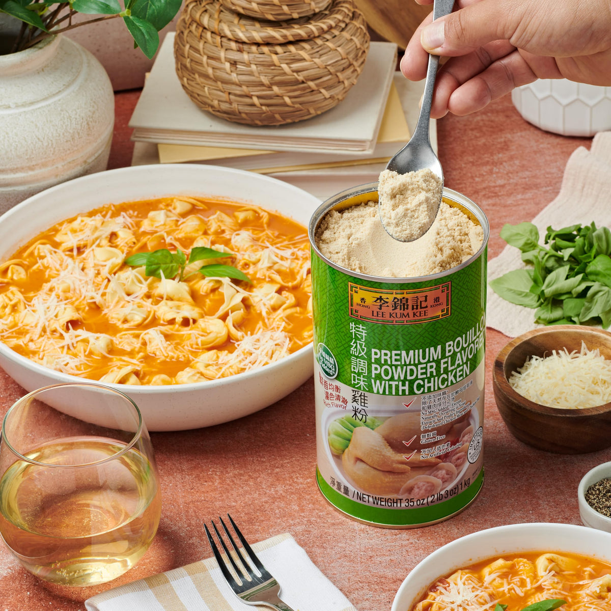 Lee Kum Kee Bouillon Powder Chicken soup steaming in bowl evokes comfort.