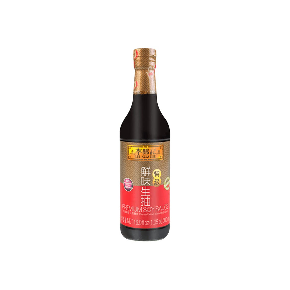 Lee Kum Kee Premium Soy Sauce bottle front view for a rich flavor boost.