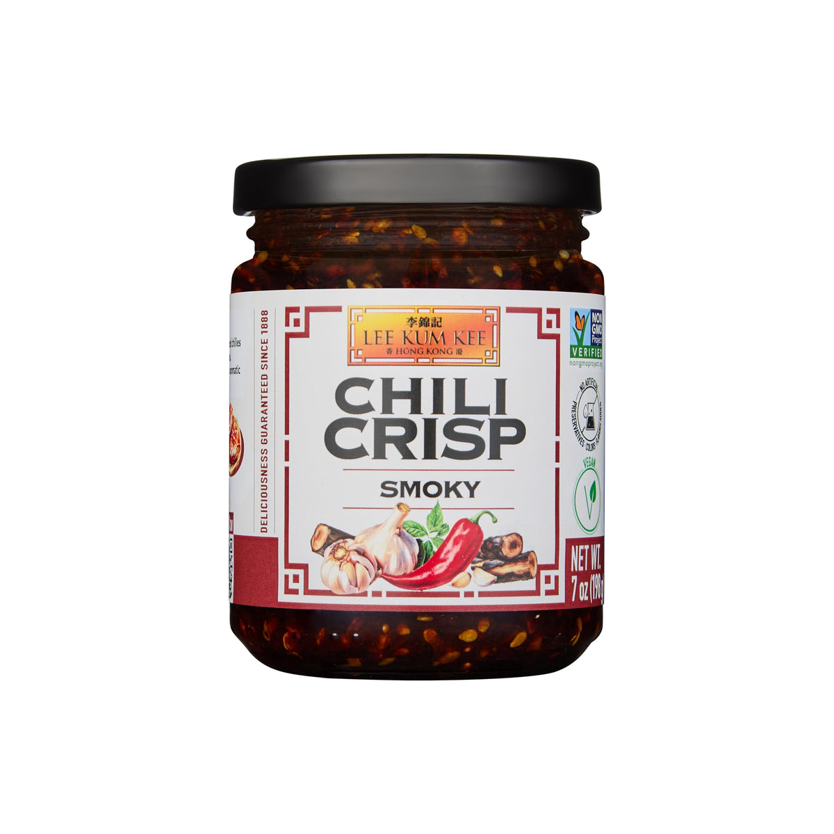 Lee Kum Kee Smoky Chili Crisp bottle on counter for finishing sauces.