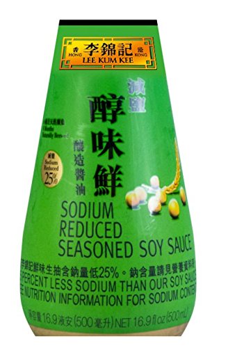 Lee Kum Kee label close-up showing balanced seasoning and reduced sodium option