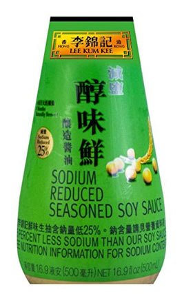 Lee Kum Kee label close-up showing balanced seasoning and reduced sodium option