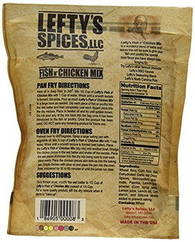 Lefty's Spices Fish N Chicken Mix original flavor bag close-up, seasoning texture ideal for baking