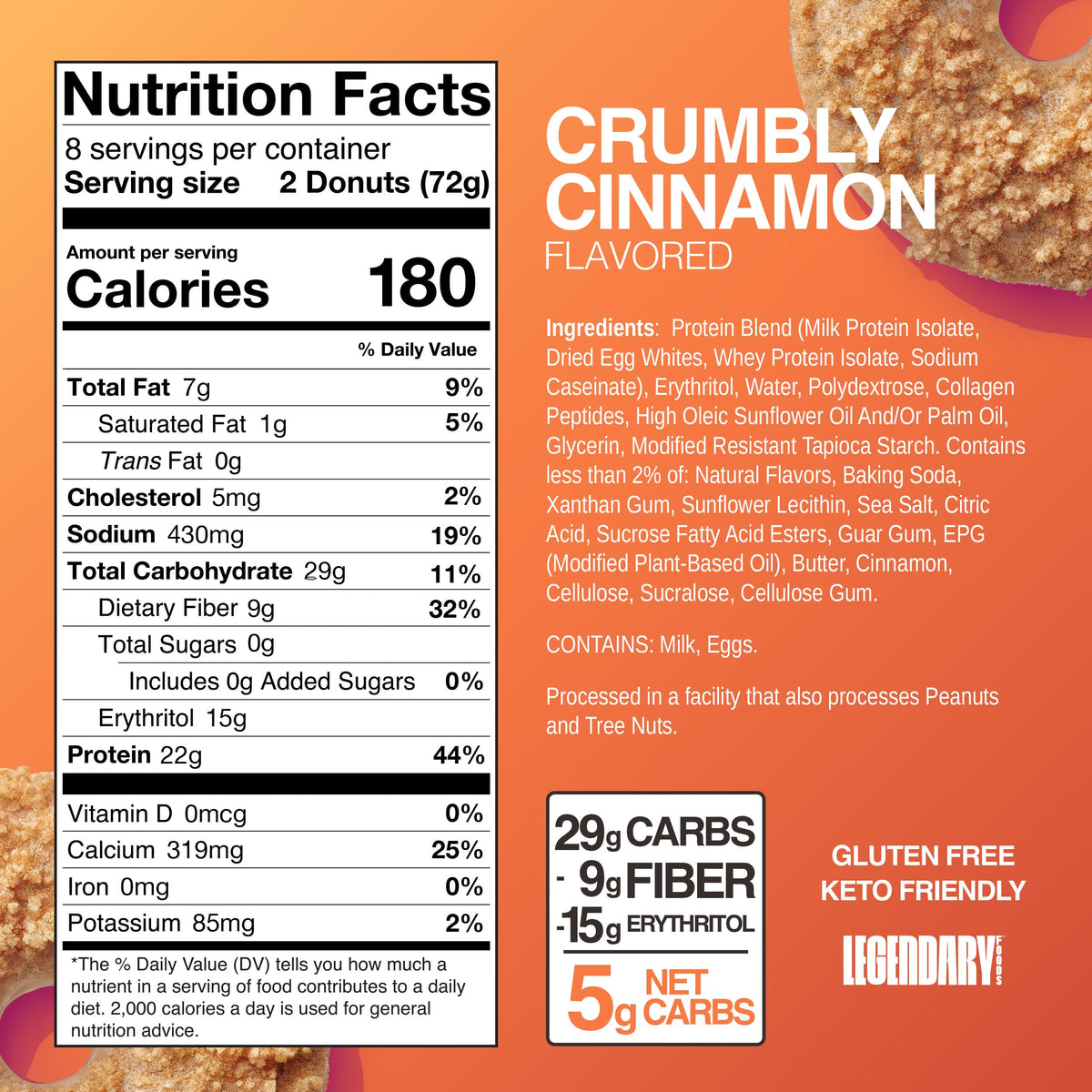Legendary Foods Protein Donuts crumbly cinnamon donut closeup, indulgent texture with gluten-free appeal