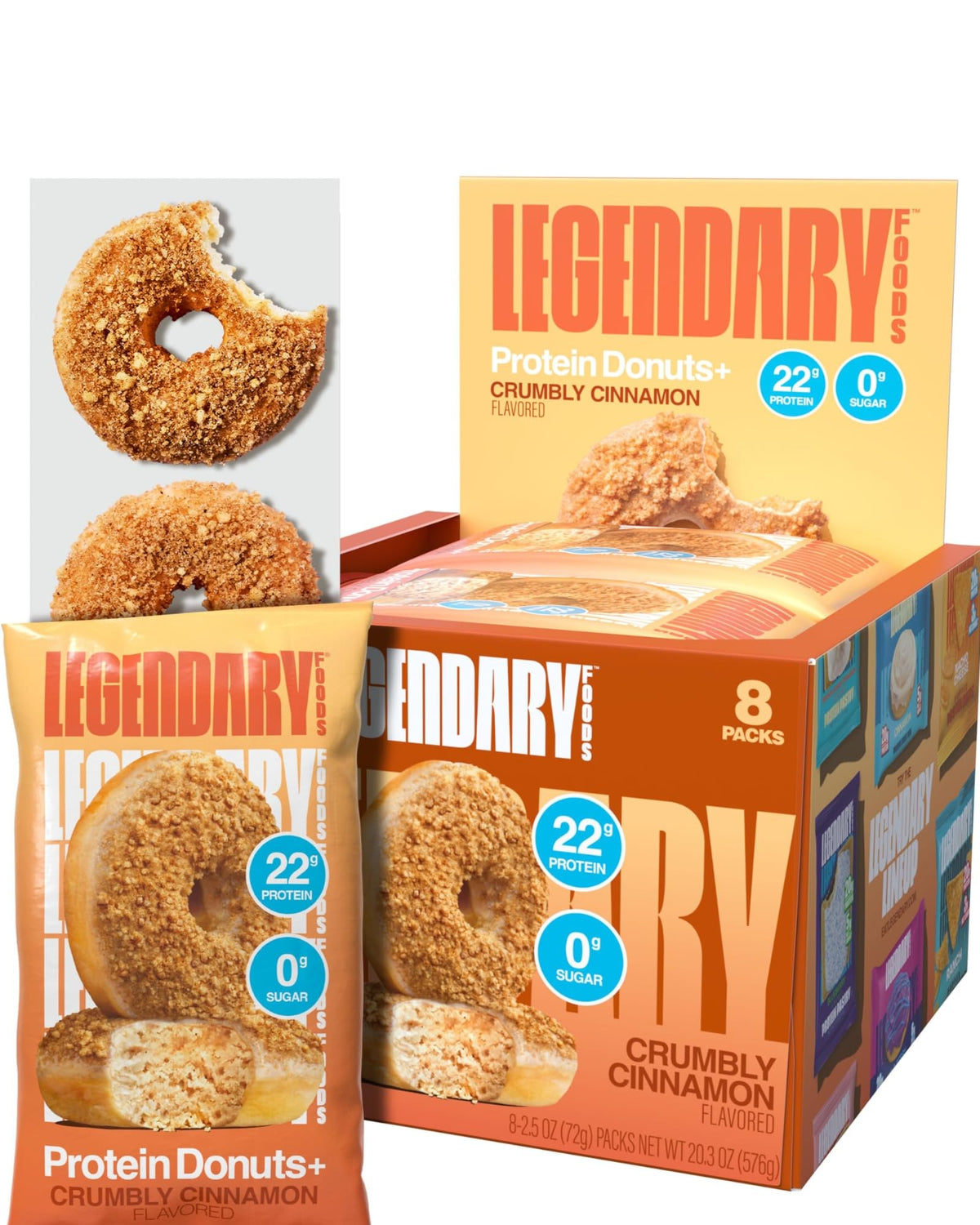Legendary Foods Protein Donuts crumbly cinnamon pack, high-protein low-sugar snack for busy days
