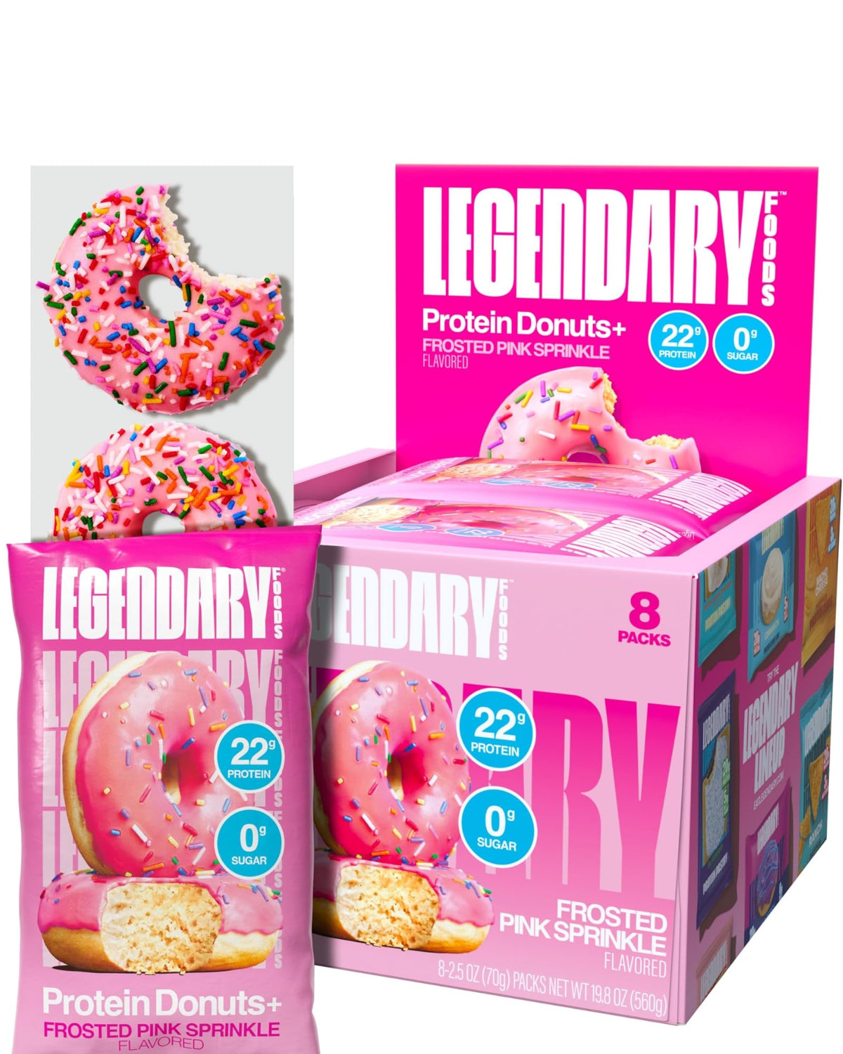 Legendary Foods Protein Donuts front view with pink glaze; high-protein on-the-go snack.
